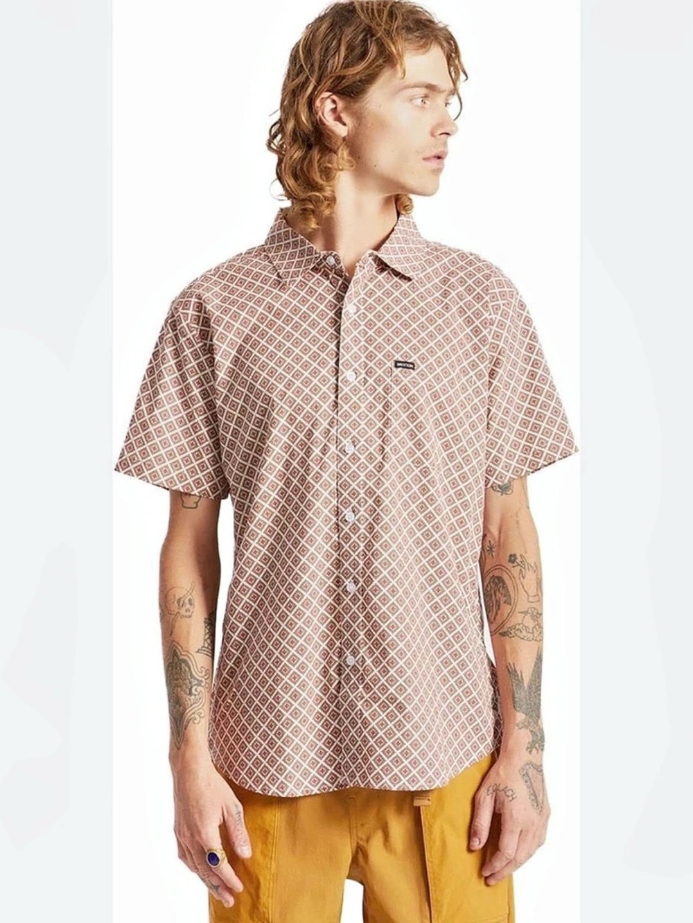 Brixton Charter Geometric Short Sleeve Shirt in Brown & White Like  M